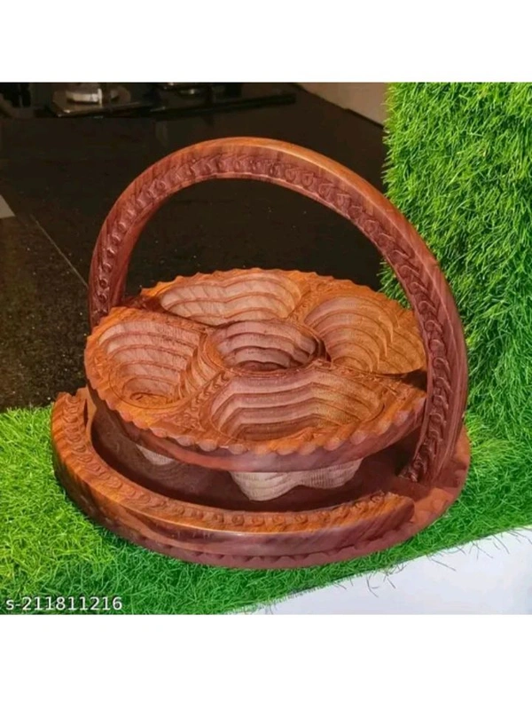 ZA0017 USD $ 17.00  DruArts Name:  Sheesham Wooden Handmade Carved Spring Tray Foldable Basket Shape 5 Partitions for Dry Fruits and Snacks Serving Sheesham Wood with Lid for Table Decor Item | Room, Kitchen, Dining Table, Restaurants and Office Wooden Fruit & Vegetable Basket  (Brown) use to Return gift/Showpiece rb.gy/iov9xg
