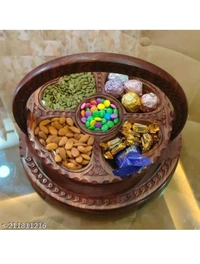 ZA0017 USD $ 17.00  DruArts Name:  Sheesham Wooden Handmade Carved Spring Tray Foldable Basket Shape 5 Partitions for Dry Fruits and Snacks Serving Sheesham Wood with Lid for Table Decor Item | Room, Kitchen, Dining Table, Restaurants and Office Wooden Fruit & Vegetable Basket  (Brown) use to Return gift/Showpiece rb.gy/iov9xg
