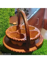 ZA0017 USD $ 17.00  DruArts Name:  Sheesham Wooden Handmade Carved Spring Tray Foldable Basket Shape 5 Partitions for Dry Fruits and Snacks Serving Sheesham Wood with Lid for Table Decor Item | Room, Kitchen, Dining Table, Restaurants and Office Wooden Fruit & Vegetable Basket  (Brown) use to Return gift/Showpiece rb.gy/iov9xg