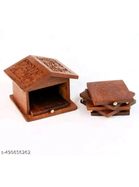 ZA0021  USD $ 11.00 N K CRAFTS Name: N K CRAFTS,Antique Tea Coaster,Wooden Hut Shaped Coaster,Drinking Purpose,Set Of 6 Plates Inside,Dinning Table And Kichen Decor,Home And Office Decor,Tea Serving,(Mango Wood).Gift Purpos rb.gy/apm2yw