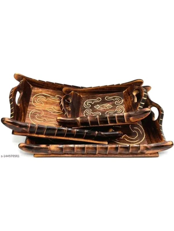 ZA0029 USD $ 18.00 Doon Furniture House Name:  Wooden Mango Wood Rose Wood Serving Tray Set -3 - Standard Size (Brown) rb.gy/ezymlx