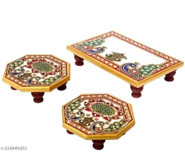 ZA0048 USD $ 12.00  MADHUBAN CREATION Name: Peacock Art Design Marble Pooja Chowki for God | Handcrafted Marble Chowki for Puja Home Mandir, Idols Sitting, Pratima Murti (Pack of 3, Size: 4" x 6" Inch) rb.gy/4jb3fw