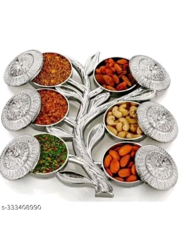 ZA0053 USD $ 10.00 No Information Available Name: Multipurpose Tree Shape 6 Section Royal Design Silver Storage Dry Fruit Tray /Gift Box / Dry Fruits Box (Pack Of 1) rb.gy/1okq1s