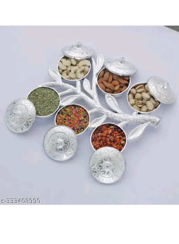 ZA0053 USD $ 10.00 No Information Available Name: Multipurpose Tree Shape 6 Section Royal Design Silver Storage Dry Fruit Tray /Gift Box / Dry Fruits Box (Pack Of 1) rb.gy/1okq1s