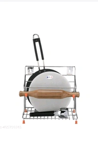 ZB0010 USD$ 12 FINEARTS SOLUTION DELHI INDIA Stainless Steel Tawa Stand | Rolling Pin Board Holder | Chakla Belan and Tawa Stand for Kitchen -101% Rust-Free Wall Mount Stand 4 in1 Holder rb.gy/u9tvbc

