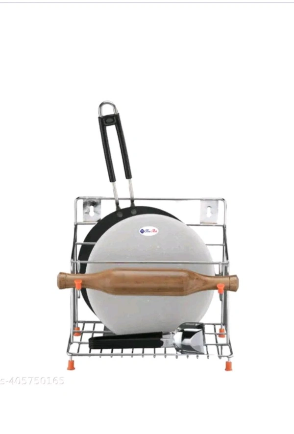 ZB0010 USD$ 12 FINEARTS SOLUTION DELHI INDIA Stainless Steel Tawa Stand | Rolling Pin Board Holder | Chakla Belan and Tawa Stand for Kitchen -101% Rust-Free Wall Mount Stand 4 in1 Holder rb.gy/u9tvbc

