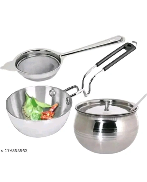 ZB0011 USD$12 Shubhco Delhi Kitchen Tools Combo of Stainless Steel Tea Strainer Chai Channi with Tadka pan with Long Handle, Spice Roasting Tadka Pan and Steel Oil Container Gheepot rb.gy/89pqnf

