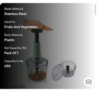 ZA0065 USD $ 11.00 Indigo Metalware LLP, Rainbow Industrial Estate,No.1, Sativali Road, next to Range Office, Vasai East, 401208.Name: Indigo 650ml Large Quick & Powerful Hand Held Food Chopper to Chop & Cut Fruits, Vegetables, Herbs, Onions for Salsa, Salad, Pesto, Hummus, Guacamole (Premium) | 3 Stainless Steel Blades rb.gy/mkmt8e

