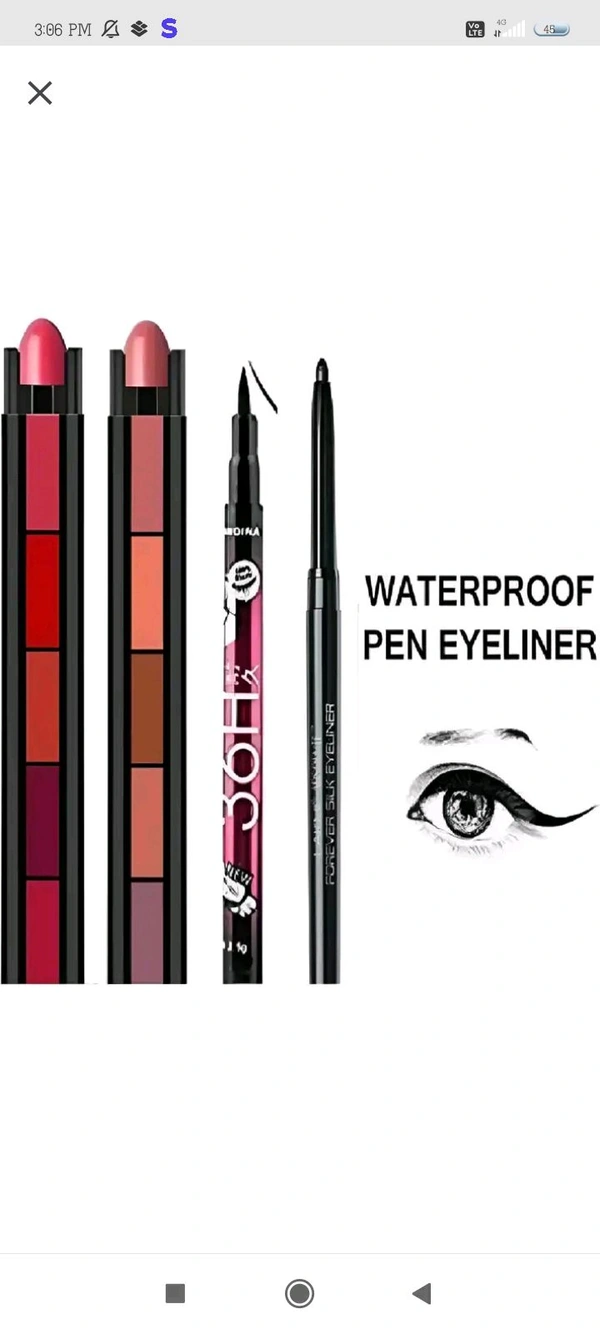 ZA0098 USD $ 10.00 PREM ENTERPRISES VAGONS RED+NUDE ADDITION POCKET
LIPSTICK+36H EYELINER+KAJAL(PACK OF
4 COMBO (Multicolor, 50 g) rb.gy/dn9dyo