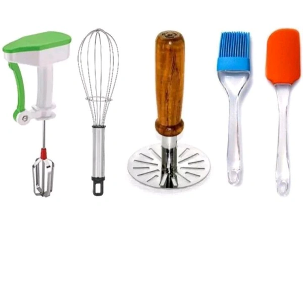 ZA0123 USD $ 10.00 OMORTEX PRODUCTS Daily Kitchen Use Combo Of Powerfull Blender Wooden Bhaji Masher Whisk Spatula & Brush ( Pack Of 5 ) Kitchen Tool Set ( Multicolor)  rb.gy/h95che