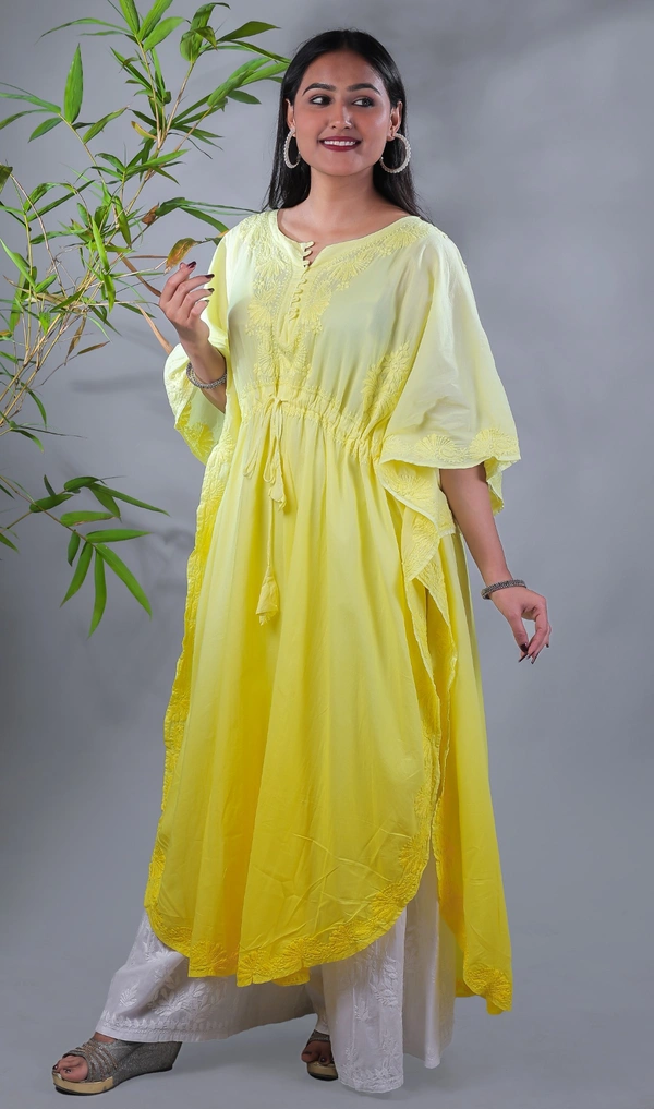Ombre Yellow Chikankari Kaftan - Yellow, Free Size