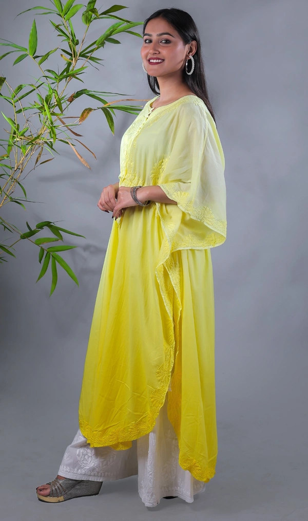 Ombre Yellow Chikankari Kaftan - Yellow, Free Size