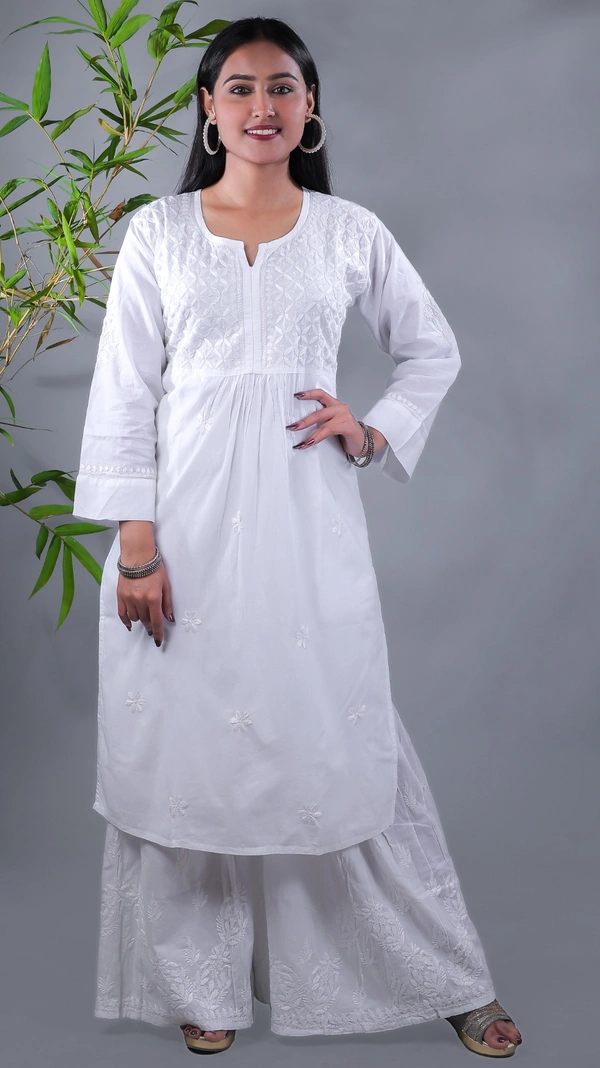 White Chikankari Side Pocket Style Kurti - White, L(40)