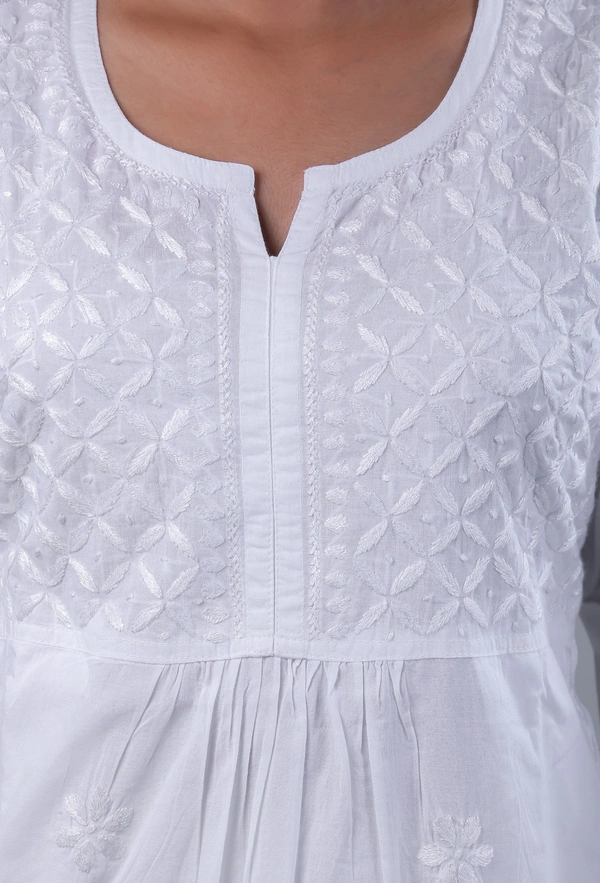 White Chikankari Side Pocket Style Kurti - White, L(40)
