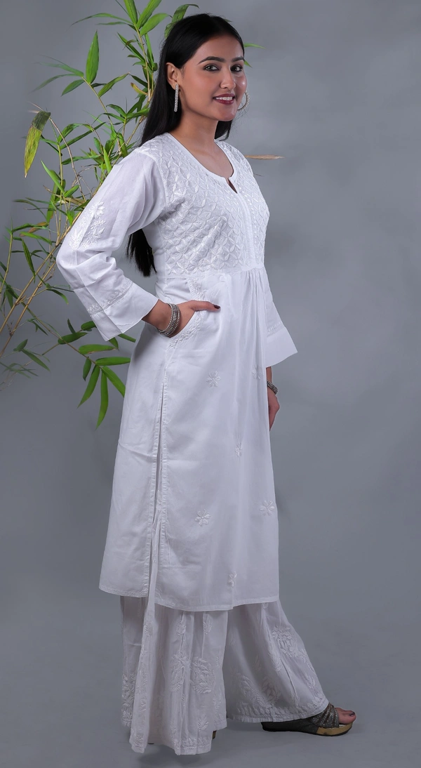 White Chikankari Side Pocket Style Kurti - White, L(40)