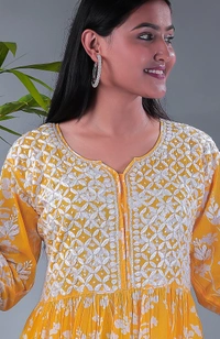 Yellow Chikankari Mulprint Frock   - Yellow, M(38)