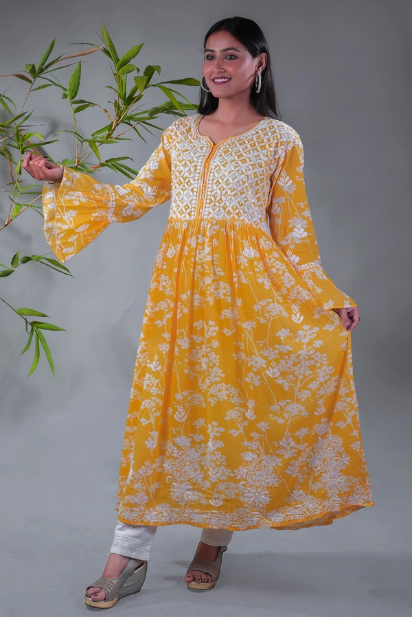Yellow Chikankari Mulprint Frock   - Yellow, M(38)