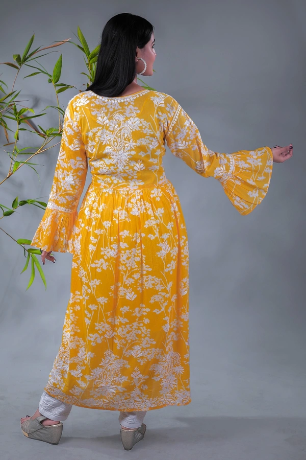 Yellow Chikankari Mulprint Frock   - Yellow, M(38)