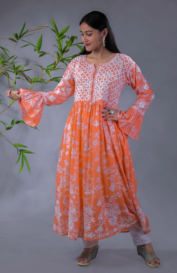 Light Orange Chikankari Mulprint Frock   - Light Orange, 2XL(44)