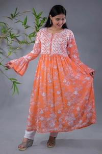 Light Orange Chikankari Mulprint Frock   - Light Orange, 2XL(44)