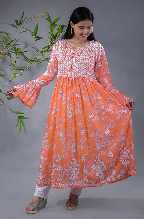 Light Orange Chikankari Mulprint Frock   - Light Orange, 2XL(44)
