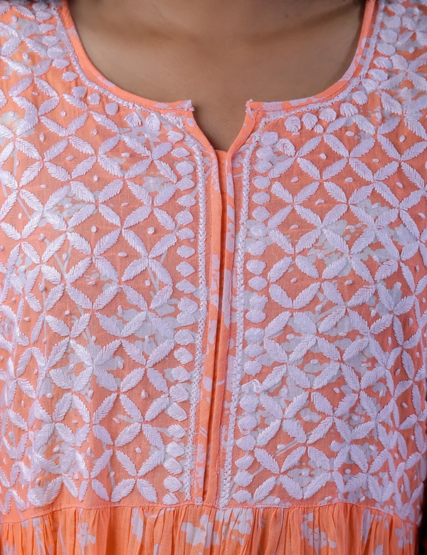 Light Orange Chikankari Mulprint Frock   - Light Orange, 2XL(44)