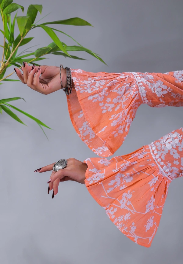 Light Orange Chikankari Mulprint Frock   - Light Orange, 2XL(44)