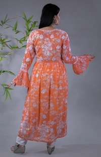 Light Orange Chikankari Mulprint Frock   - Light Orange, 2XL(44)