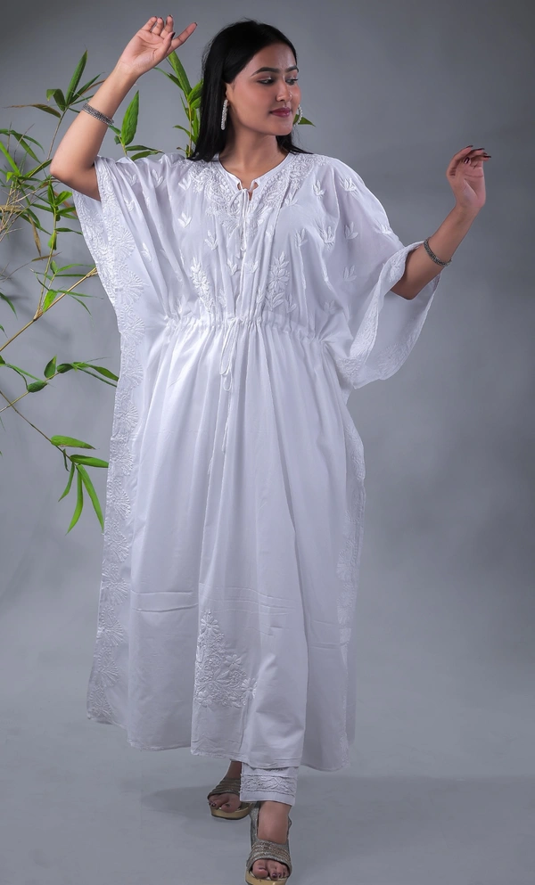 Ombre Yellow Chikankari Kaftan - White, Free Size