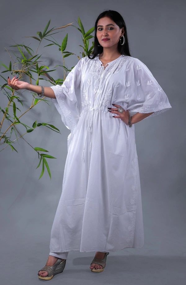 Ombre Yellow Chikankari Kaftan - White, Free Size