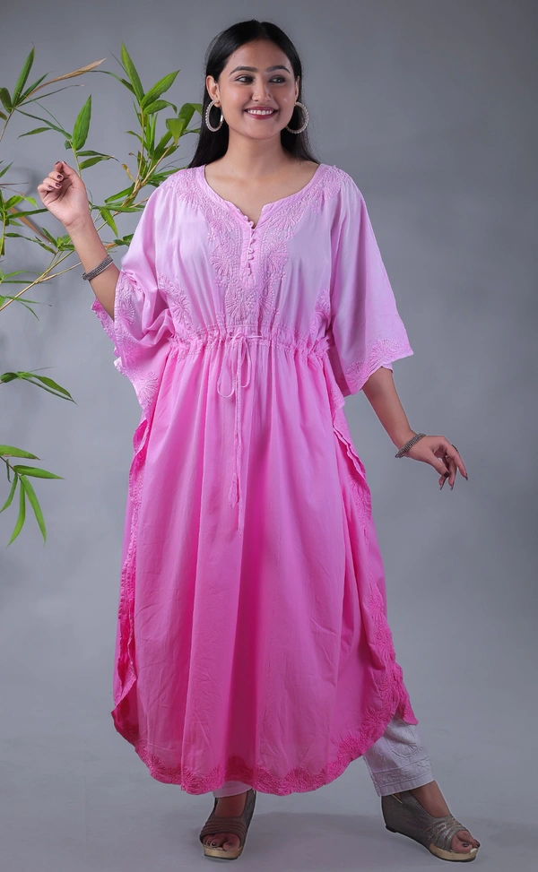 Ombre Yellow Chikankari Kaftan - Pink, Free Size