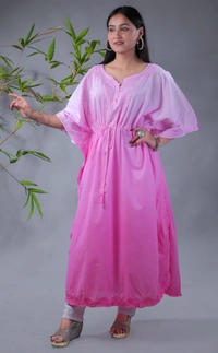 Ombre Yellow Chikankari Kaftan - Pink, Free Size