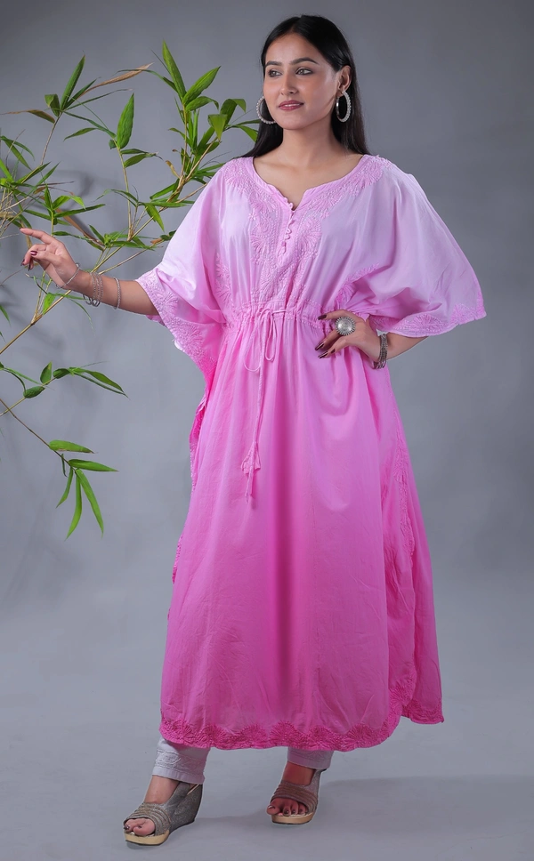 Ombre Yellow Chikankari Kaftan - Pink, Free Size