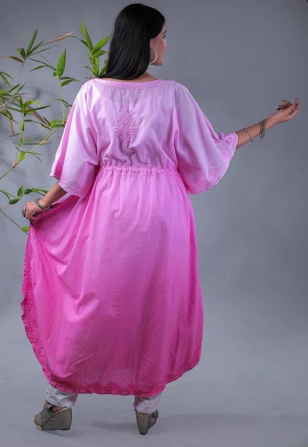 Ombre Yellow Chikankari Kaftan - Pink, Free Size
