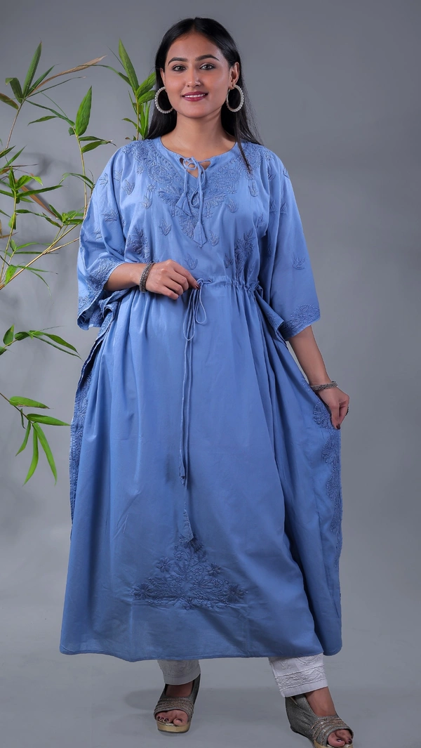 Ombre Yellow Chikankari Kaftan - Grey, Free Size