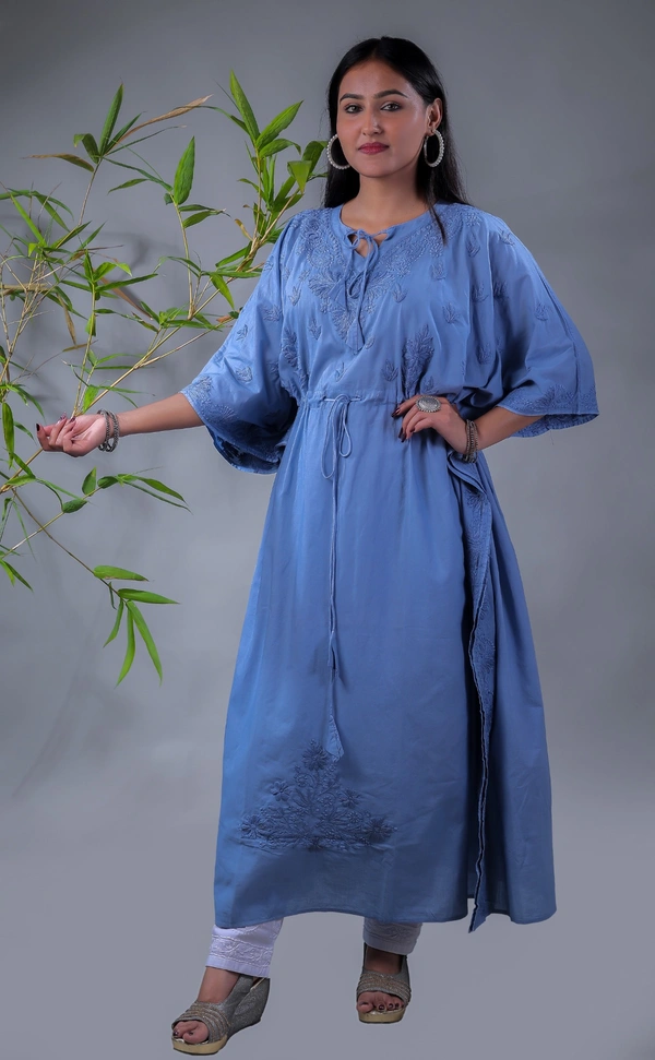 Ombre Yellow Chikankari Kaftan - Grey, Free Size