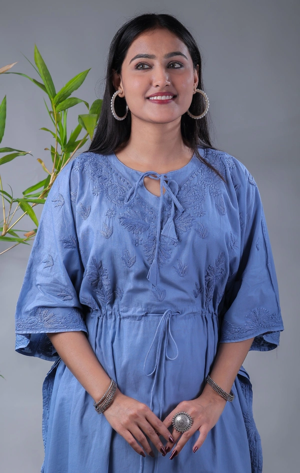 Ombre Yellow Chikankari Kaftan - Grey, Free Size