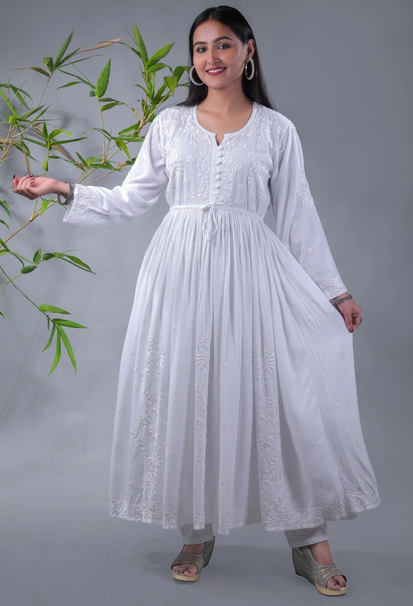 White Modal Chikankari Gown - White, M(38)