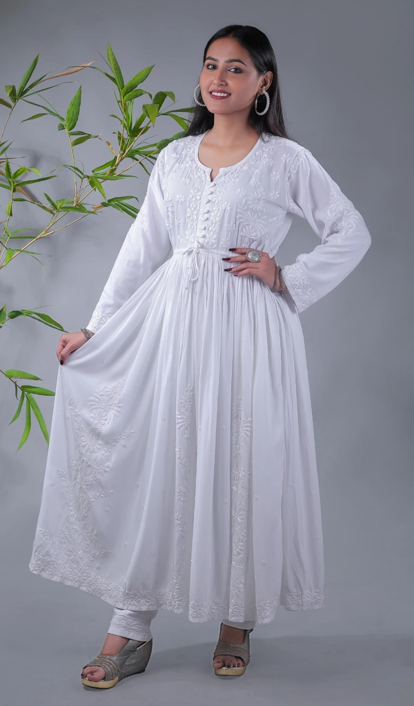 White Modal Chikankari Gown - White, M(38)