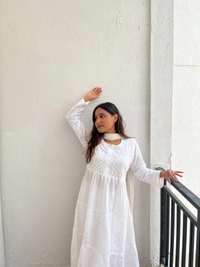 White Chikankari Mulmul Three Layer Frock - White, 2XL(44)