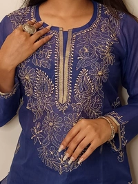 Navy Blue Chanderi Chikankari Long Kurti - Navy Blue, L(40)