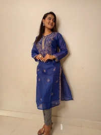 Navy Blue Chanderi Chikankari Long Kurti - Navy Blue, L(40)