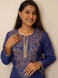 Navy Blue Chanderi Chikankari Long Kurti - Navy Blue, L(40)