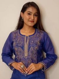 Navy Blue Chanderi Chikankari Long Kurti - Navy Blue, L(40)