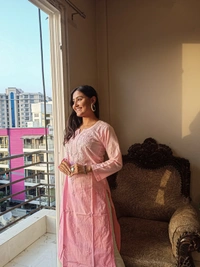 Baby Pink Neck Work Chikankari Straight Long Kurti - Baby Pink, XL(42)