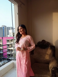 Baby Pink Neck Work Chikankari Straight Long Kurti - Baby Pink, XL(42)