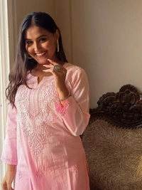 Baby Pink Neck Work Chikankari Straight Long Kurti - Baby Pink, XL(42)