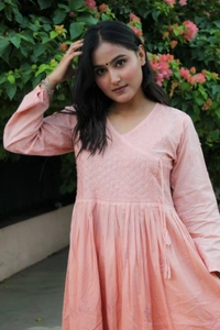 Chikankari Angarkha Style Long Kurta - Chikoo Brown, L(40)