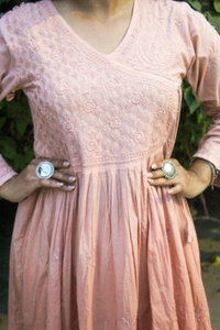 Chikankari Angarkha Style Long Kurta - Chikoo Brown, L(40)