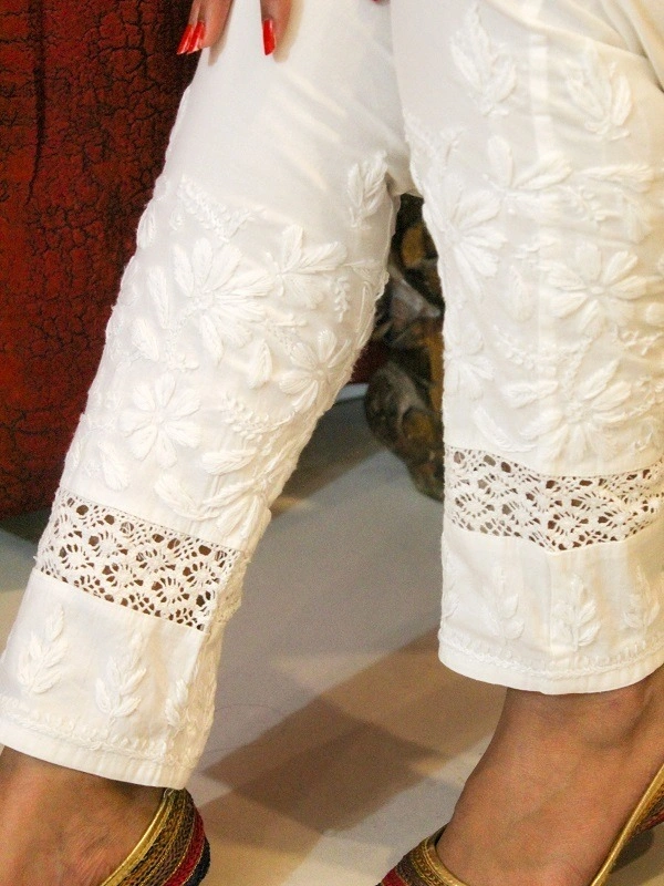 Chikankari Pants with Koroshia Lace - White, L